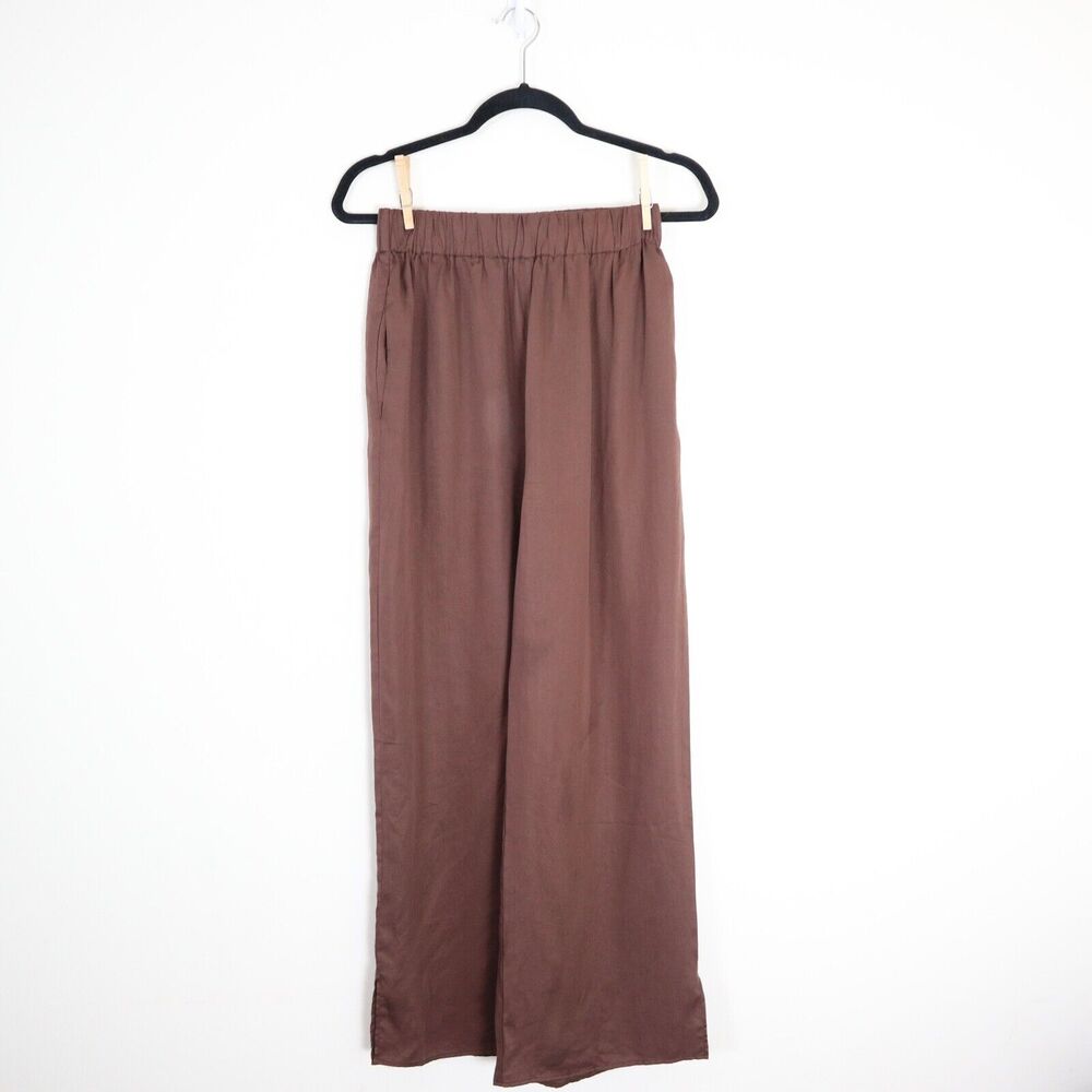 L'Academie Size S Pajama Pant Brown Tencel Satin Pull On Wide Leg - Picture 2 of 10